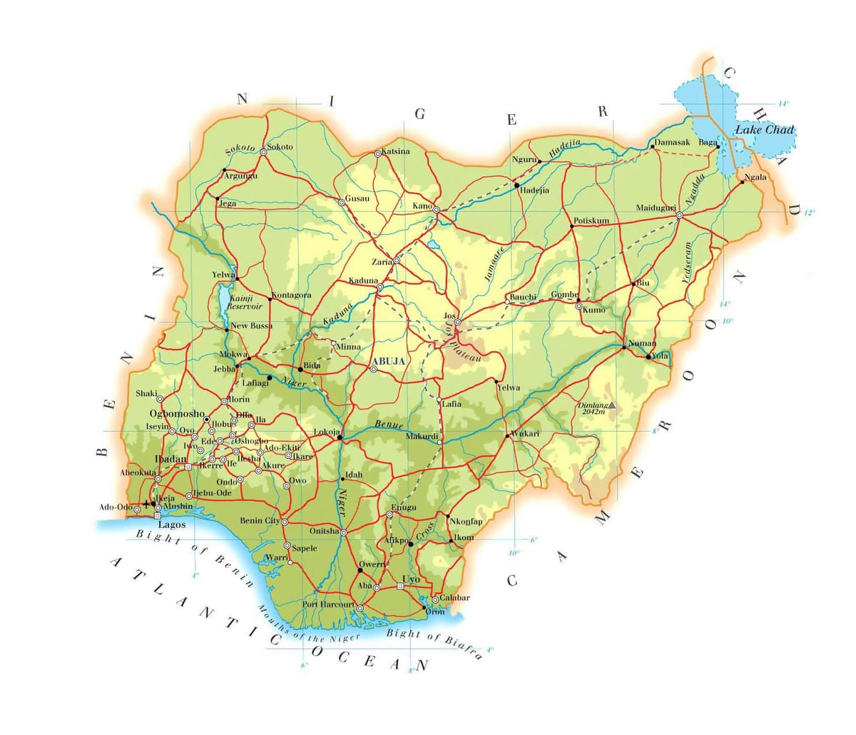 Kaart van fysieke nigeria