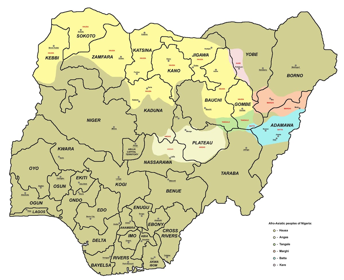 kaart van nigeria tonen van de 36 staten en hun hoofdsteden