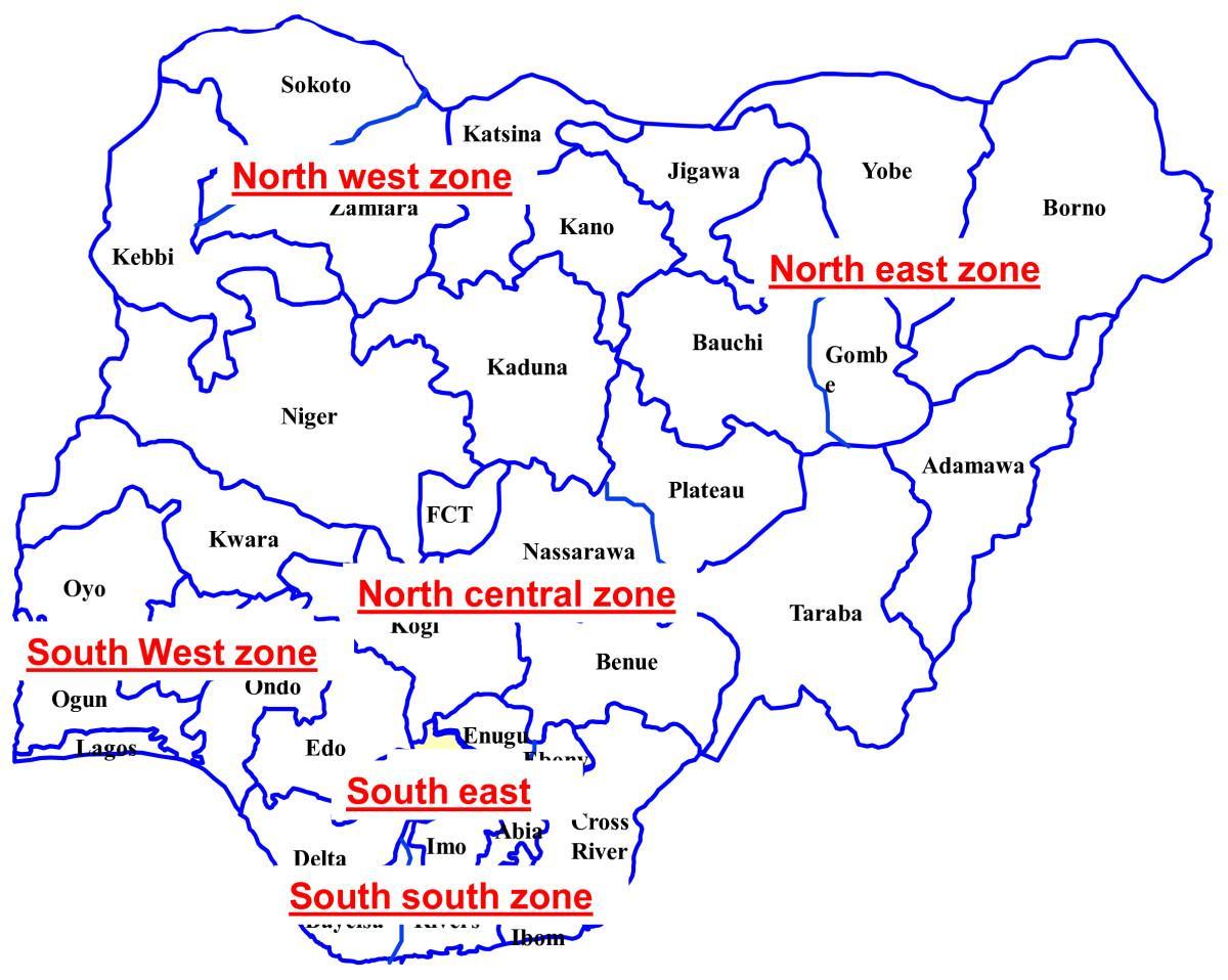 kaart van nigeria tonen van de zes geopolitieke zones