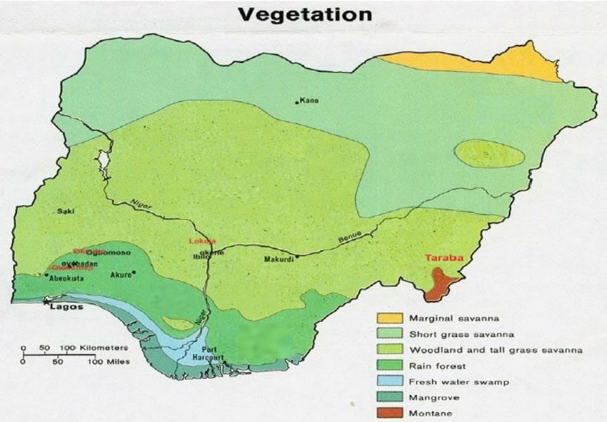 kaart van nigeria tonen van de vegetatie