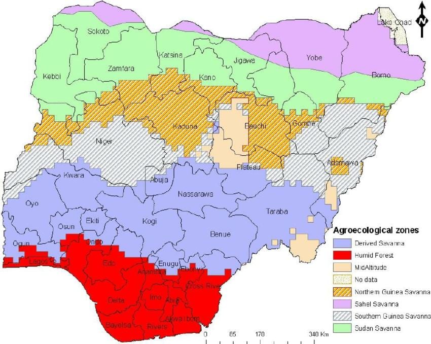Kaart van nigeria waarin de ecologische zones
