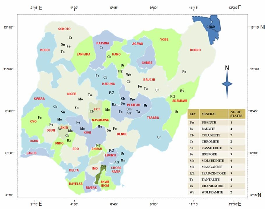Kaart van nigeria waarin de minerale bronnen