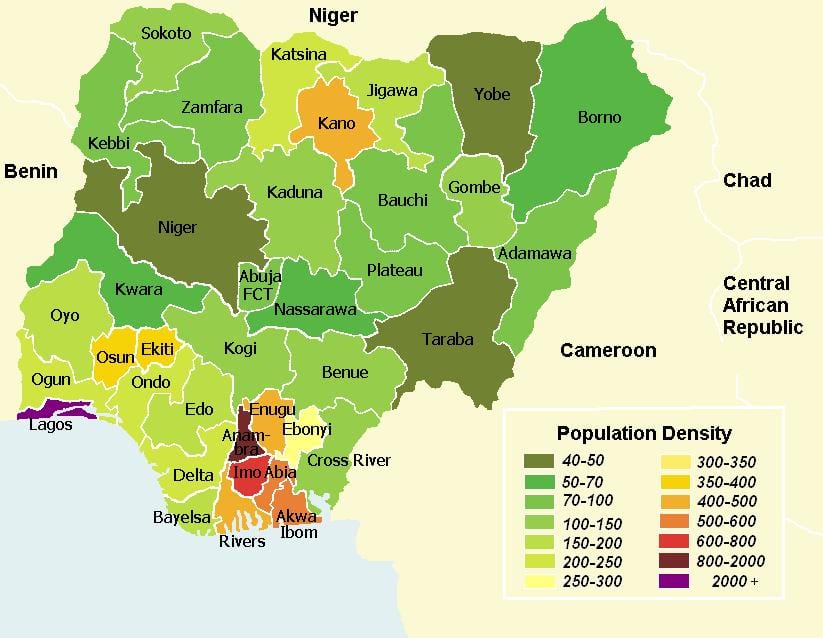 nigeria bevolkingsdichtheid kaart