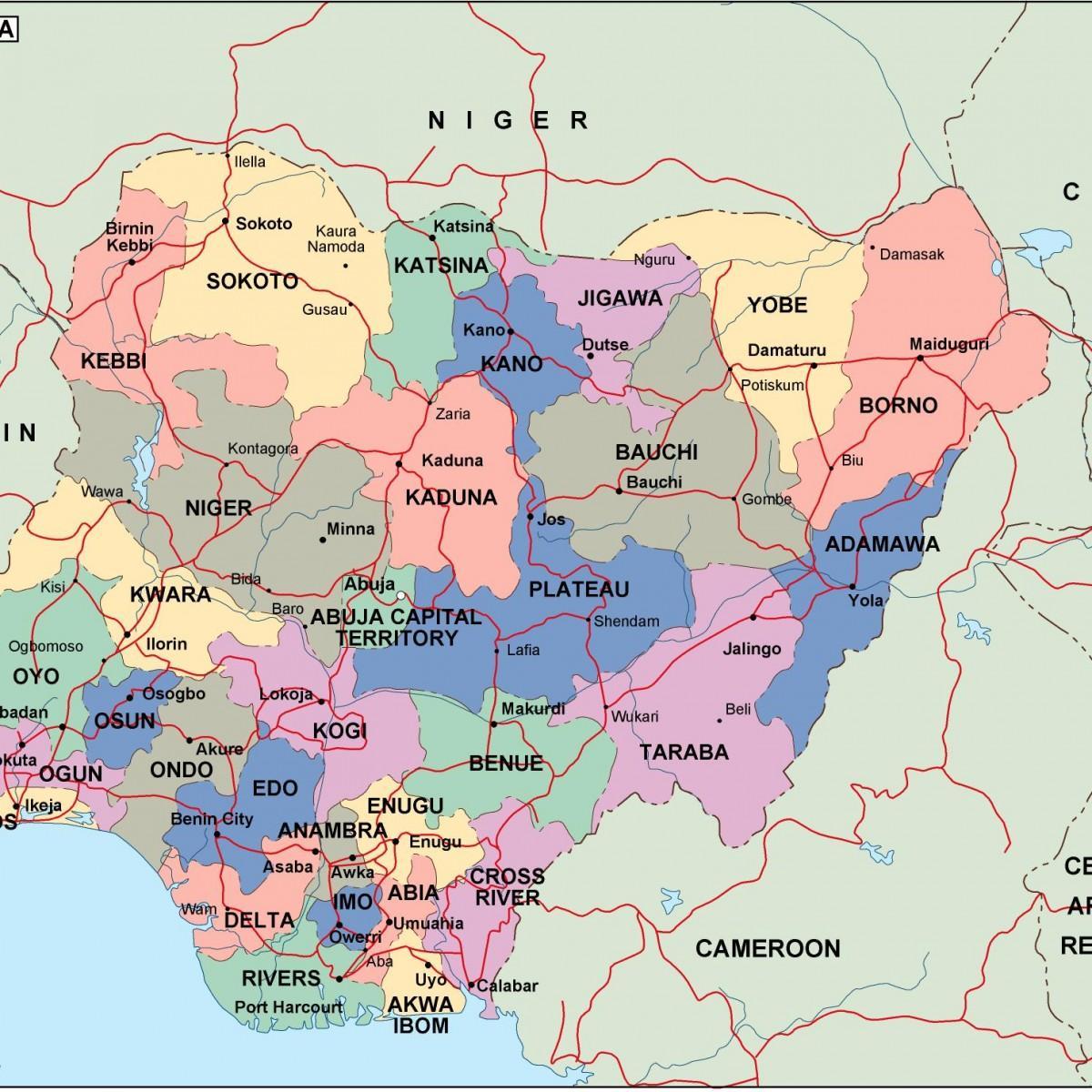 Kaart van nigeria met de staten en steden
